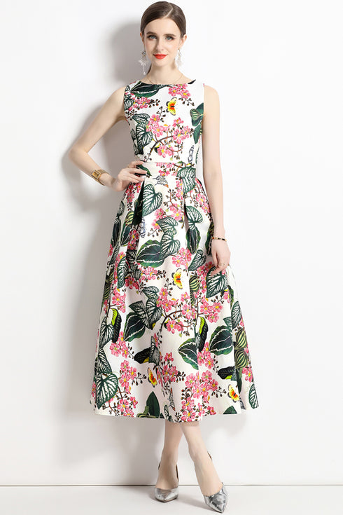 Enthralling & Captivating Vintage Floral Printed Flared, A-Line Formal, Cocktail, Wedding Guest, Party Quinceanera Dress